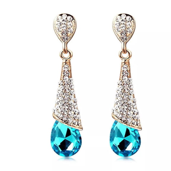 18K Gold Plated Brass Blue Rhinestone Teardrop Stud Earrings Crystal 46x10mm Z268