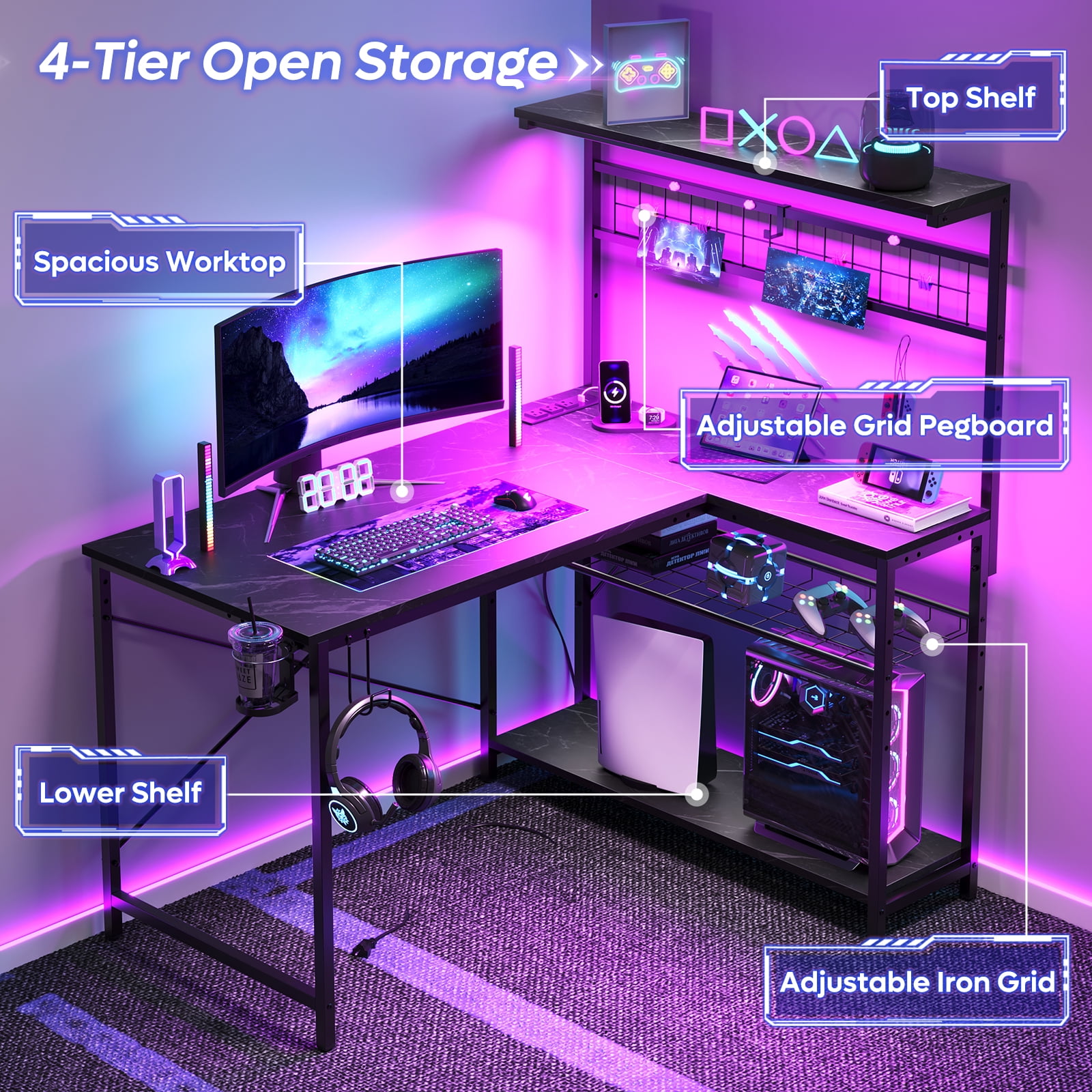 Bestier 42 inch Gaming Desk with LED Lights & Power Outlet, Reversible L Shaped Computer Desk with Hutch & Storage Shelves, Black Marble