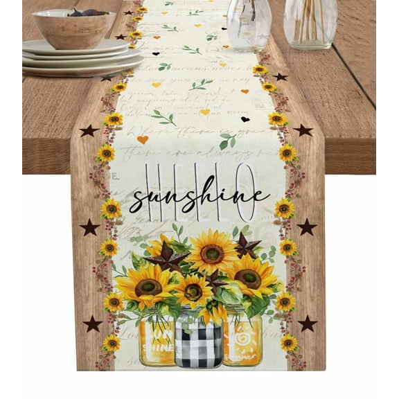 Country Star Sunflower Table Runner Cotton Linen 48 Inch Holiday Dresser Scarves, Vintage Farmhouse Brown Wooden Tablerunner for Kitchen Coffee Dining Bedroom Dinner Scarf Décor 13''x48''