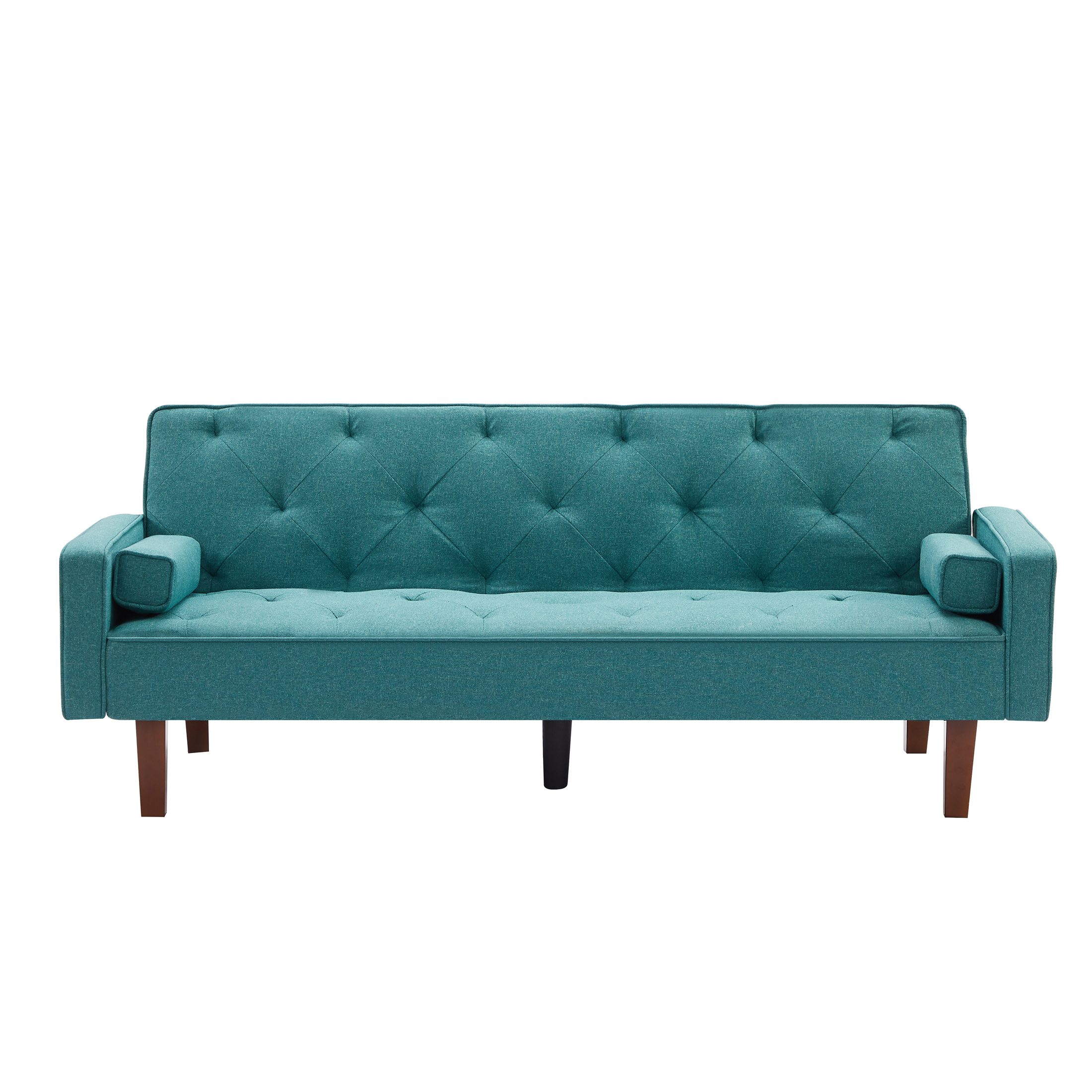 Aukfa 75" Square Arm Futon Convertible Sofa, Solid Wood Legs, Tufted Back, 2 Pillows, Blue