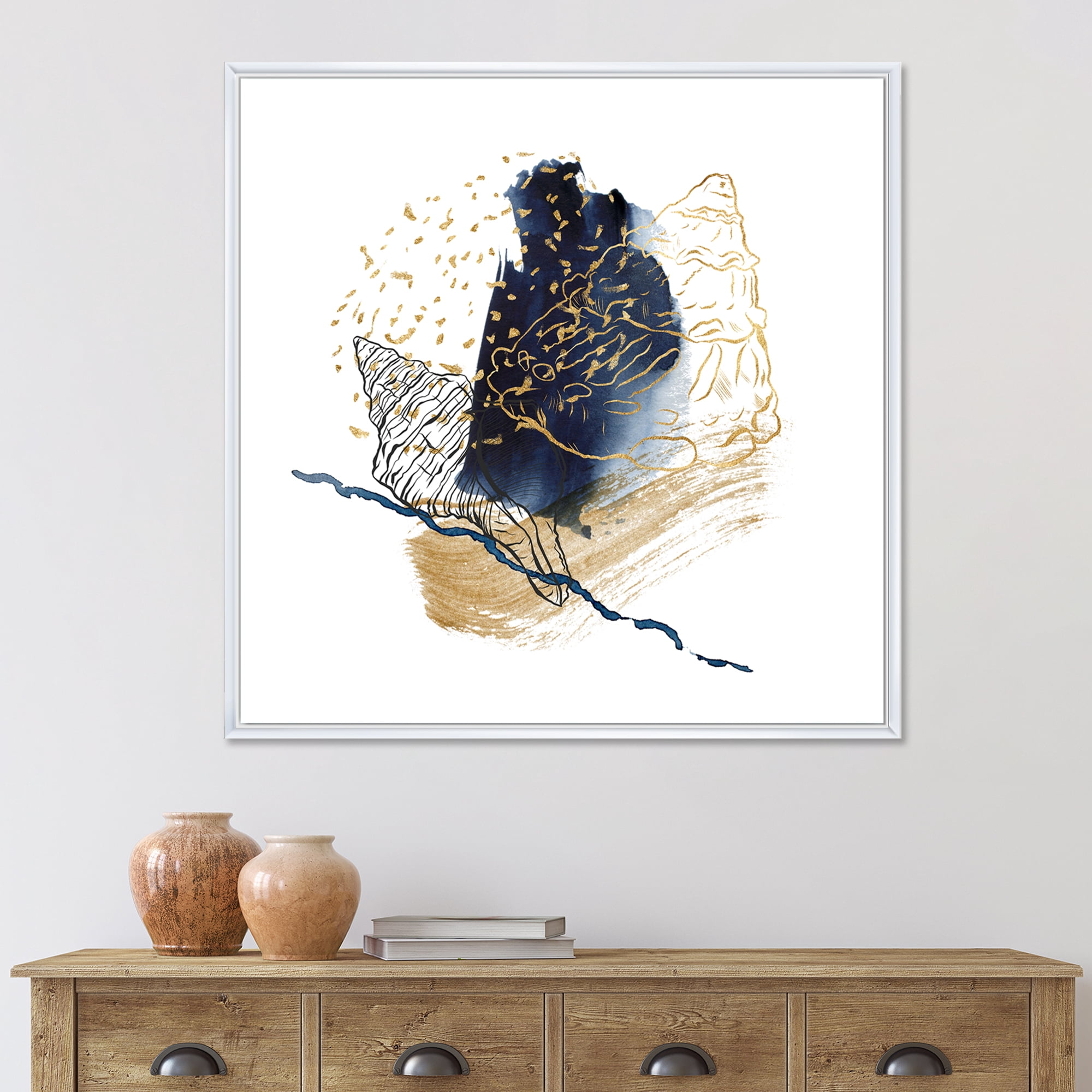 Underwater Marine Life With Gold Shell Line Art 30 in x 30 in Framed Painting Canvas Art Print, by Designart