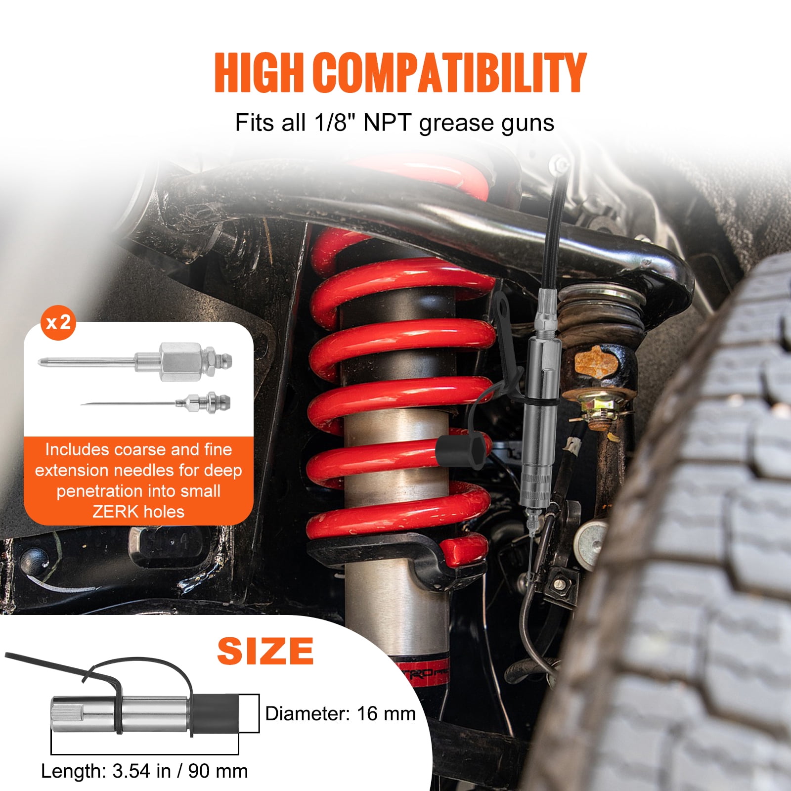 KFFKFF Grease Gun Connector Pair, 10000 PSI Pressure, Quick-Attach 3-Jaw Design with Hose, Cleaning Tool, Extension Needle & Secure Cap, Fits All 1/8" NPT Grease Guns