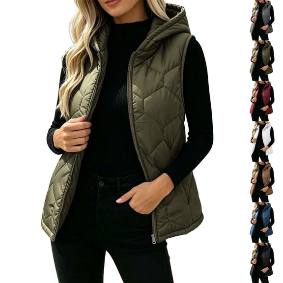 Cute Jackets Women's Winter Solid Color Quilted Hooded Cotton Jacket With Zip Lining And Pockets Army Green XL