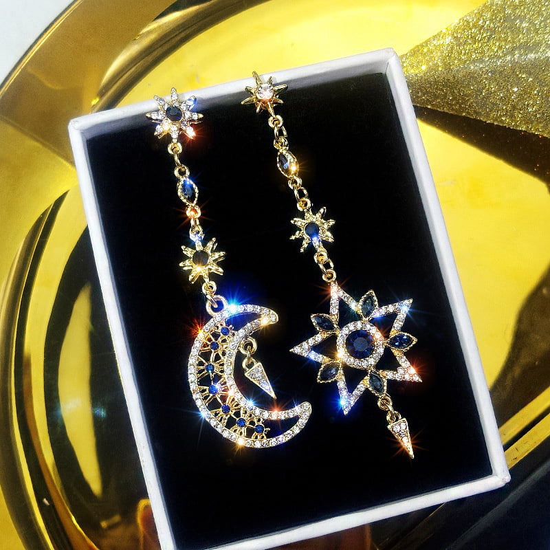 Richapex Moon Star Drop Earrings for Women Girls 18k White Plated Statement Dangle Earrings with Zircon Micro Aesthetic Jewelry Asymmetric Studs 