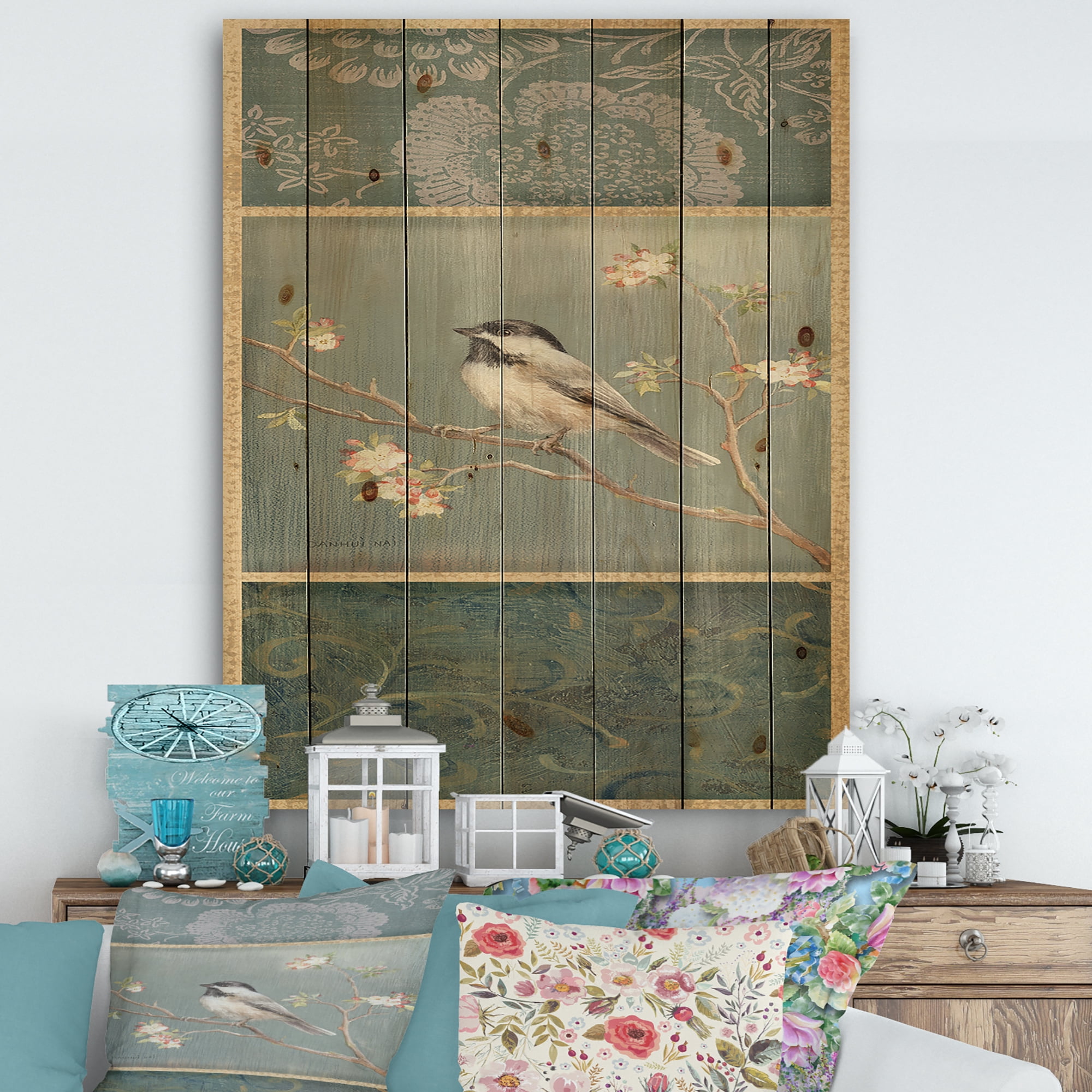 Designart 'Farmhouse Triptych of Blue Ornaments And Chickadee' Farmhouse Print on Natural Pine Wood