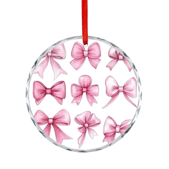Cute Pink Bows Glass Christmas Ornament Hanging Ornaments for Holiday Decoration Coquette Decor Gifts Round Ornament