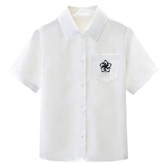 Odeerbi Toddler Girls Cotton Dress Shirt Flower Embroidered Short Sleeve School Uniform Shirts with Pocket