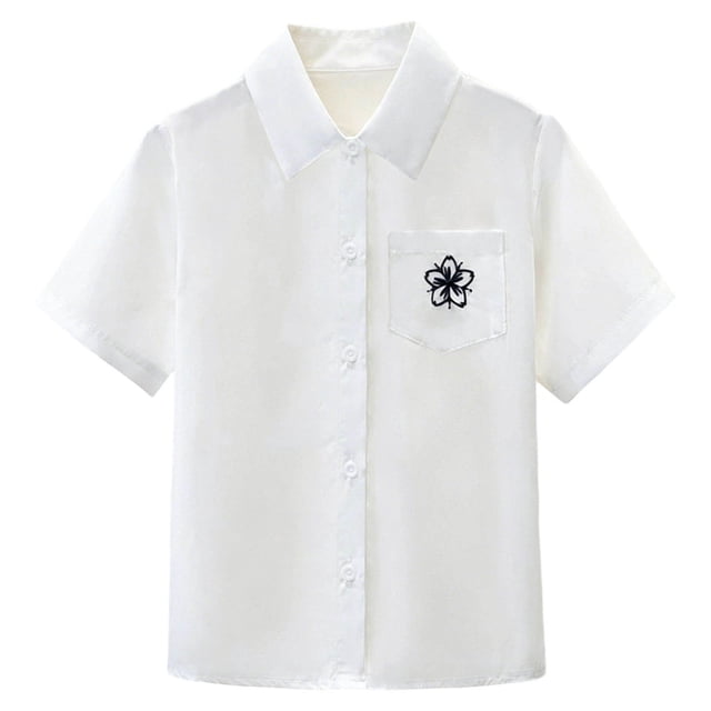 Odeerbi Camisa de Vestido de Algodón de Las Niñas Flor Bordado de Manga Corta Uniforme de La Escuela Con Bolsillo