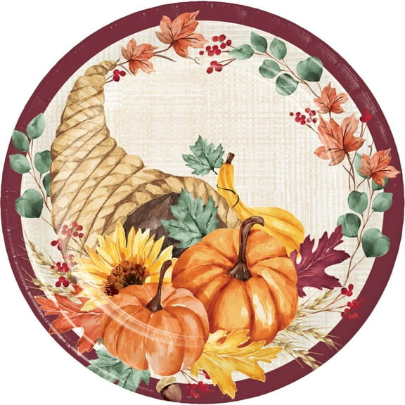 Fall Feast Cornucopia 9-inch Paper Plates 8 Per Pack