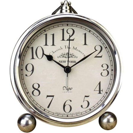 Vintage Table Clock, Iron European Style Desk Clock, 5.2in(13.21cm) Non-Ticking Battery Operated Mantle Clock for Bedroom Living Room Office Home Decor (Silver)