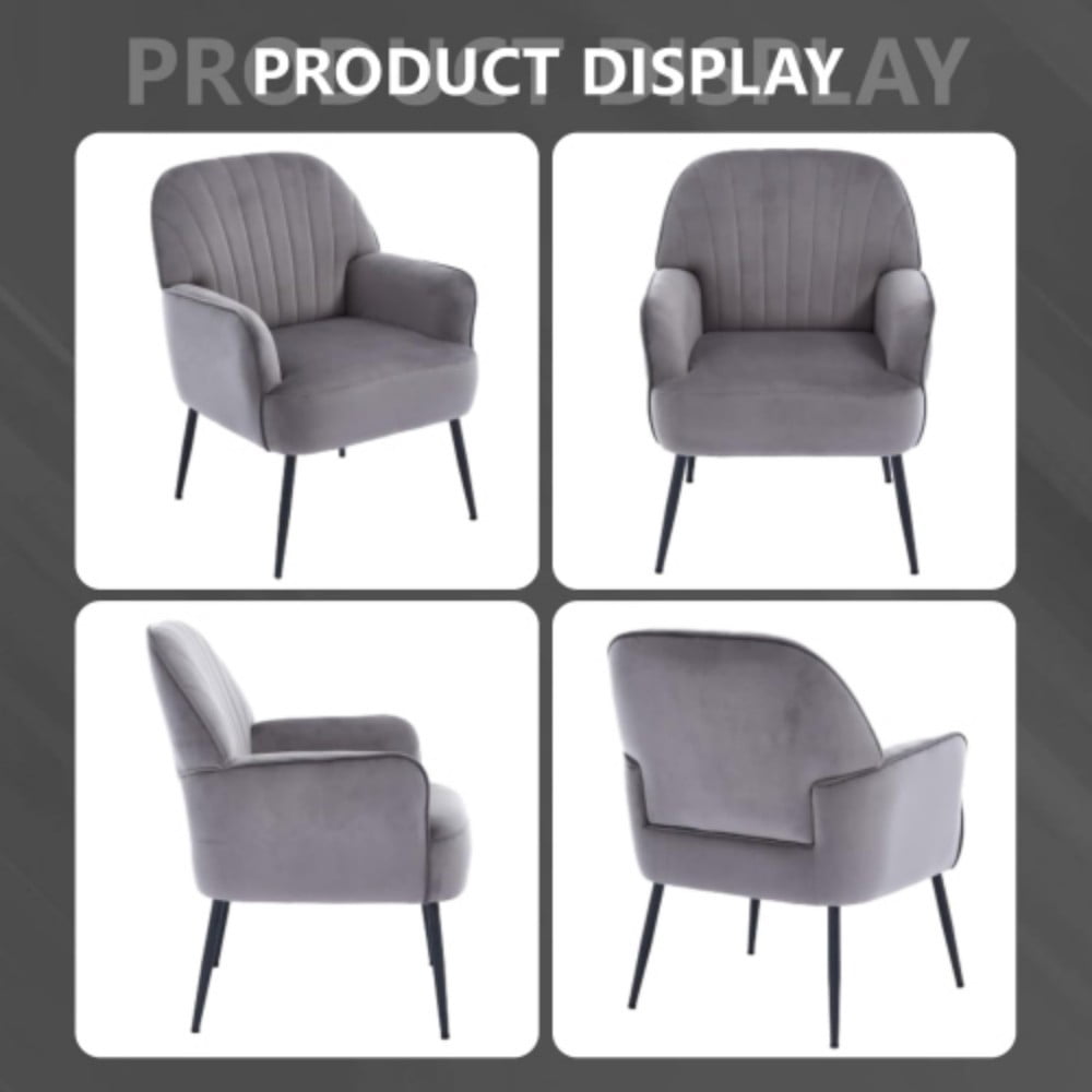 Velvet Accent Chair, Modern Upholstered Barrel Chair with Shell-Shaped Tufted Back, Padded Armrests, Metal Legs for Living Room, Bedroom & Office, Grey