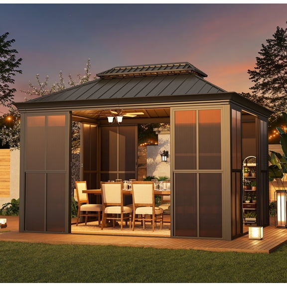 EROMMY 10' X 12' Sunroom, Hardtop Gazebo Solarium with Detachable Windows & Light Galvanized Steel Double Roof