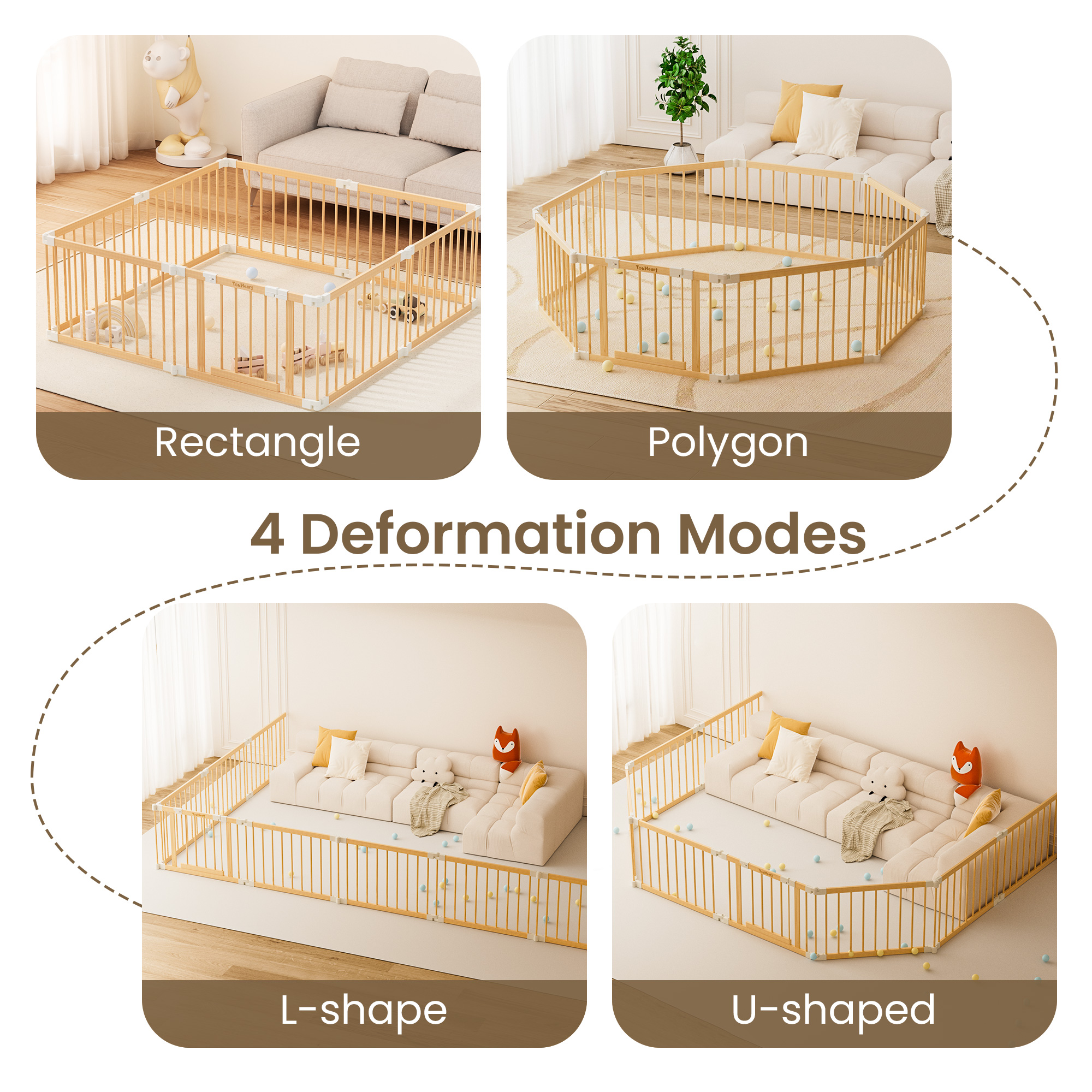 TouHeart Wooden Playpen for Baby & Toddlers, Foldable Large Baby Safe Play Fence Yards With Gate, 8 Panels, 69"x69"x24"