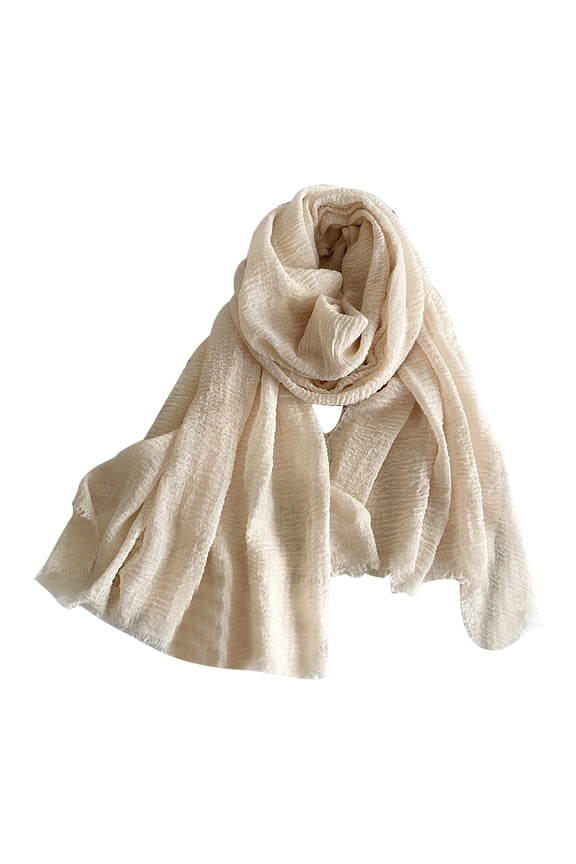 Women's Solid Color Cotton Linen Scarf, Thin and Lightweight Shawl with Fringed Edges for Travel, Layering, and Bohemian Style, Breathable for Year-Round Wear Beige