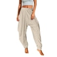 thumbnail image 1 of Pantalones harem con cintura elástica y lentejuelas para mujer: corte holgado, cintura media, bolsillos, pantalones bombachos informales de color liso para fiestas/uso diario, 1 of 6