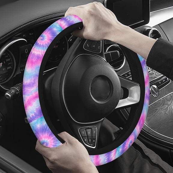 Steering Wheel Cover with Pink Blue Purple Tie-Dye Pattern, Soft Plush Comfortable Grip, Colorful Car Interior Accessory for Everyday Driving, Commuting and Travel