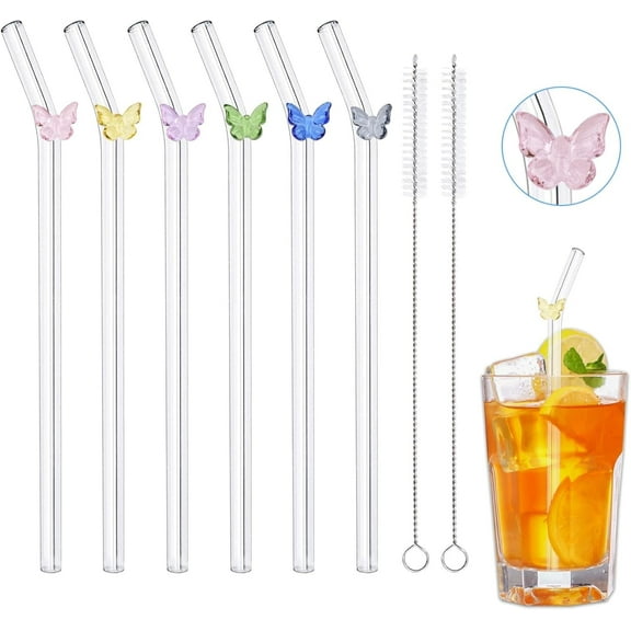 Cute Glass Straws Shatter Resistant, 6Pcs Butterfly Clear Reusable Straws with 2 Cleaning Brush