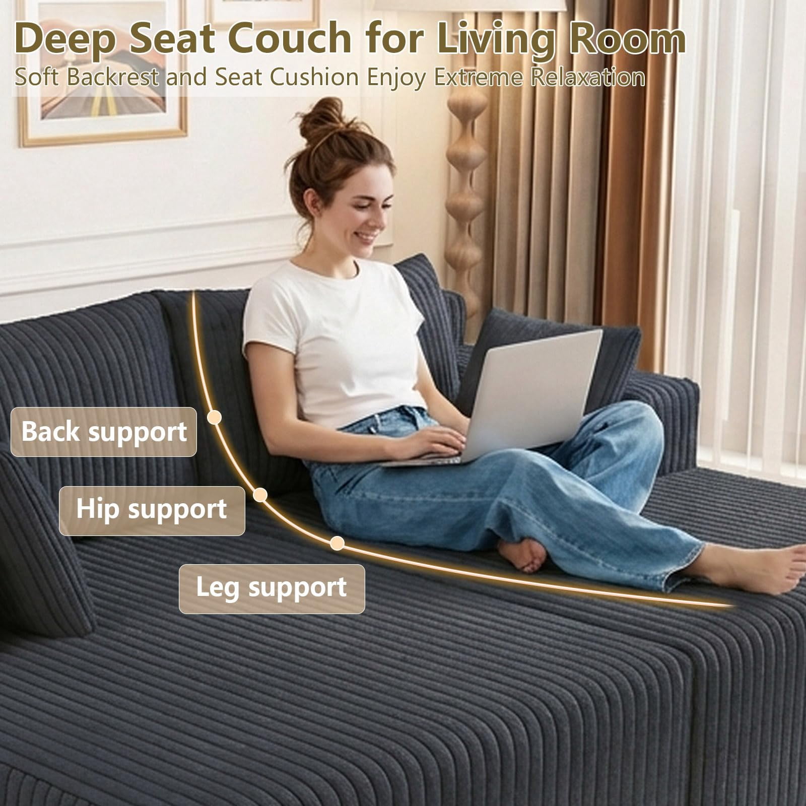 Aukfa 71" Oversized Double Chaise Lounge Indoor, Modular Boneless Cloud Couch Sleeper Loveseat, Deep Seat Corduroy Sofa Bed, No Assembly Required for Living Room Bedroom, Dark Gray