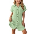 thumbnail image 2 of WAVSUF Girls Short Sleeve Button Shirt Dress, with Pockets Trendy Collared Loose Fit Casual Comfort Daily Dress Green 11, 2 of 9