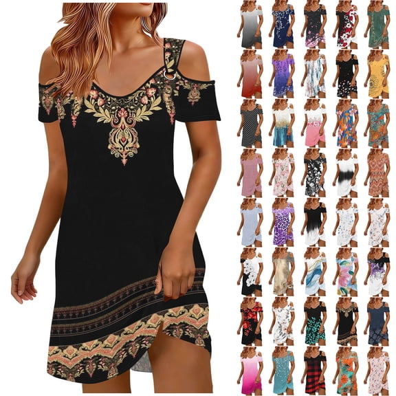 QIUOMBBP Womens Summer Mini Dress Short Sleeve Cold Shoulder A Line Sundress Loose Casual Loungewear Dresses Green XXL
