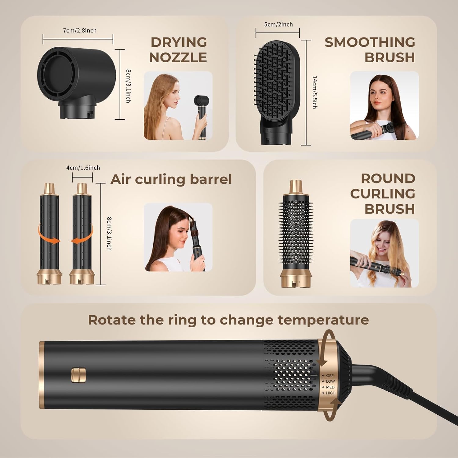 Taotique 5-in-1 Hot Air Brush Styler with Air Curler, Gold photo 8
