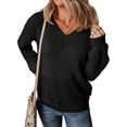 thumbnail image 2 of Women Knit Sweaters Fall V Neck Long Sleeve Pullover Casual Loose Sweater Black M, 2 of 6