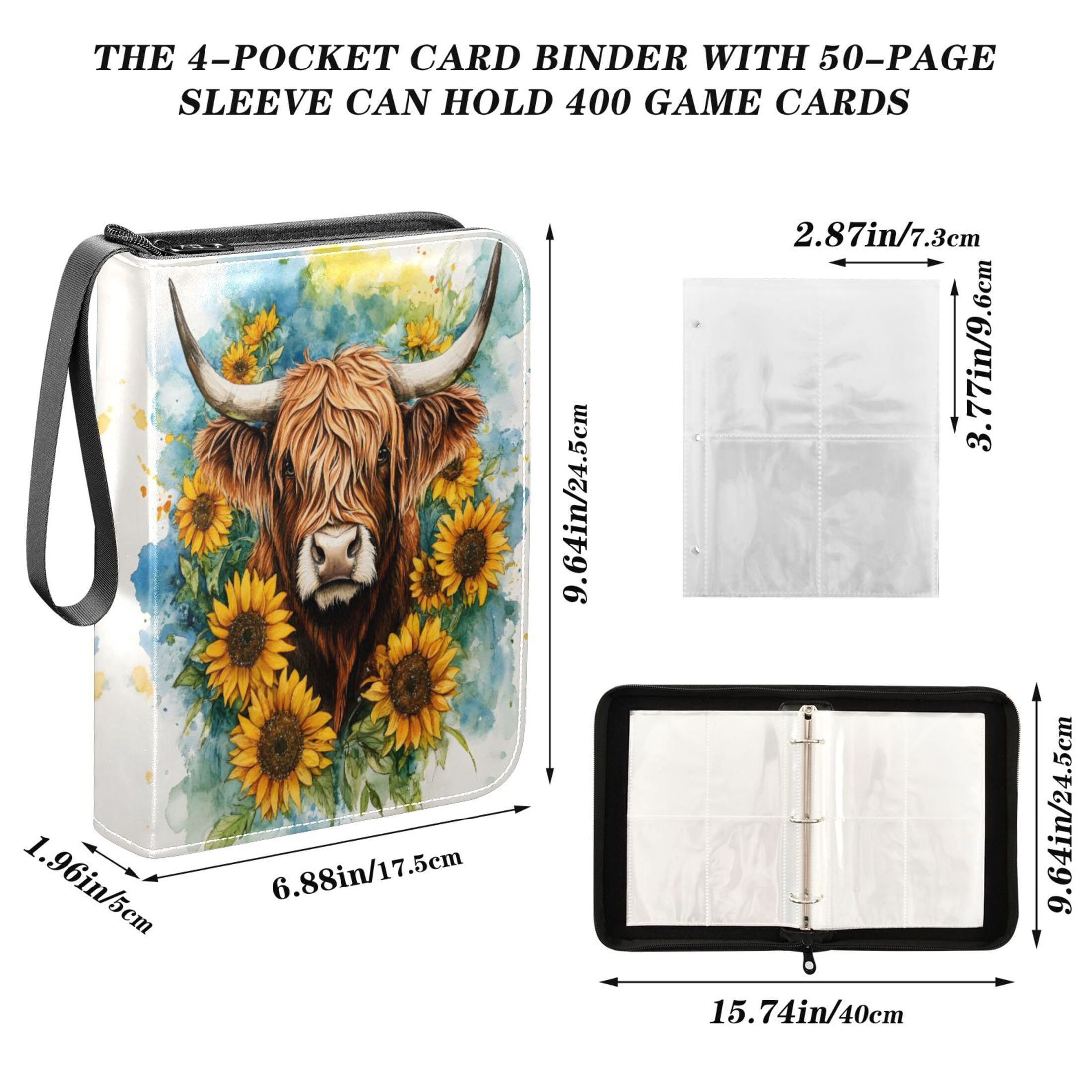 ALAZA Watercolor Highland Cattle Trading Card Binder 4 Pocket Cards Collection Album 400 Folder Holder