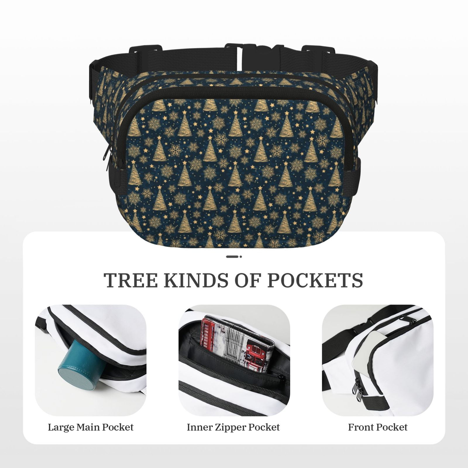 Picia Gold Snowflake Christmas Tree Print Square Double-Layer Waist Bag Mini Adjustable Waist Belt Bag Exercise Running Travel Hiking