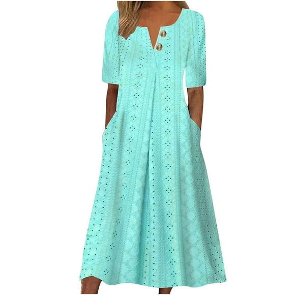 Ersazi Modest Dresses for Women In Clearance Women's Casual Loose Short Sleeve V Neck Loose Dress Classic Dress Womens Dresses Green L