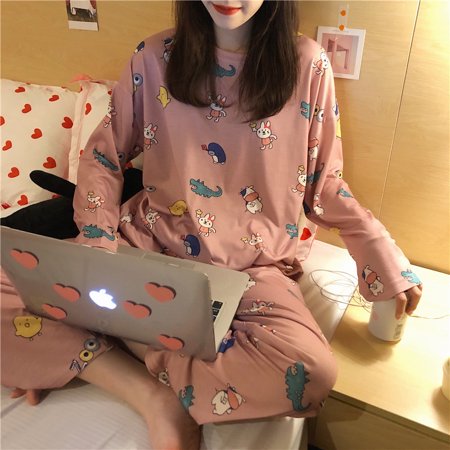 

Autumn Thin 2pieces Pyjamas Set Women Sleepwear Lovely Home Suits Round Neck Girls Teacup SleepwearLong Sleeve Pajamas