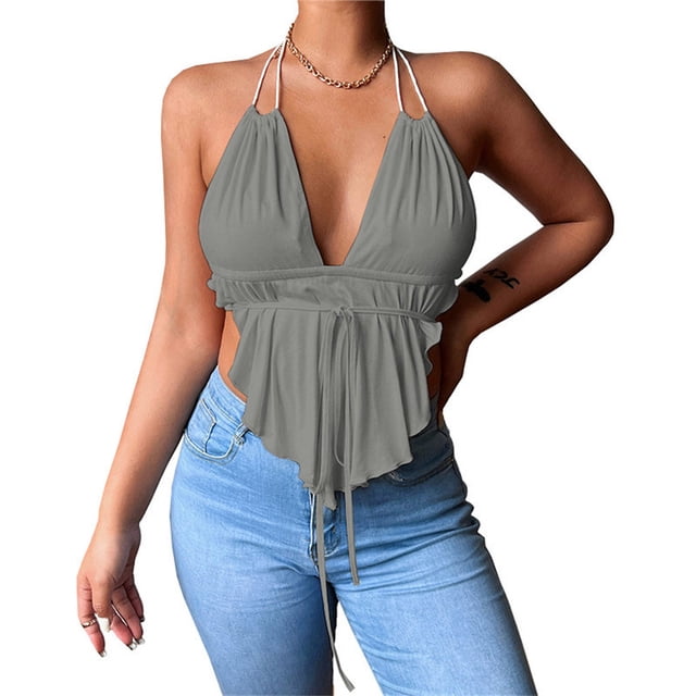 Chaleco Correa de Espagueti Minnieouse Mujeres Sexy Deep V-Cuello Gris L