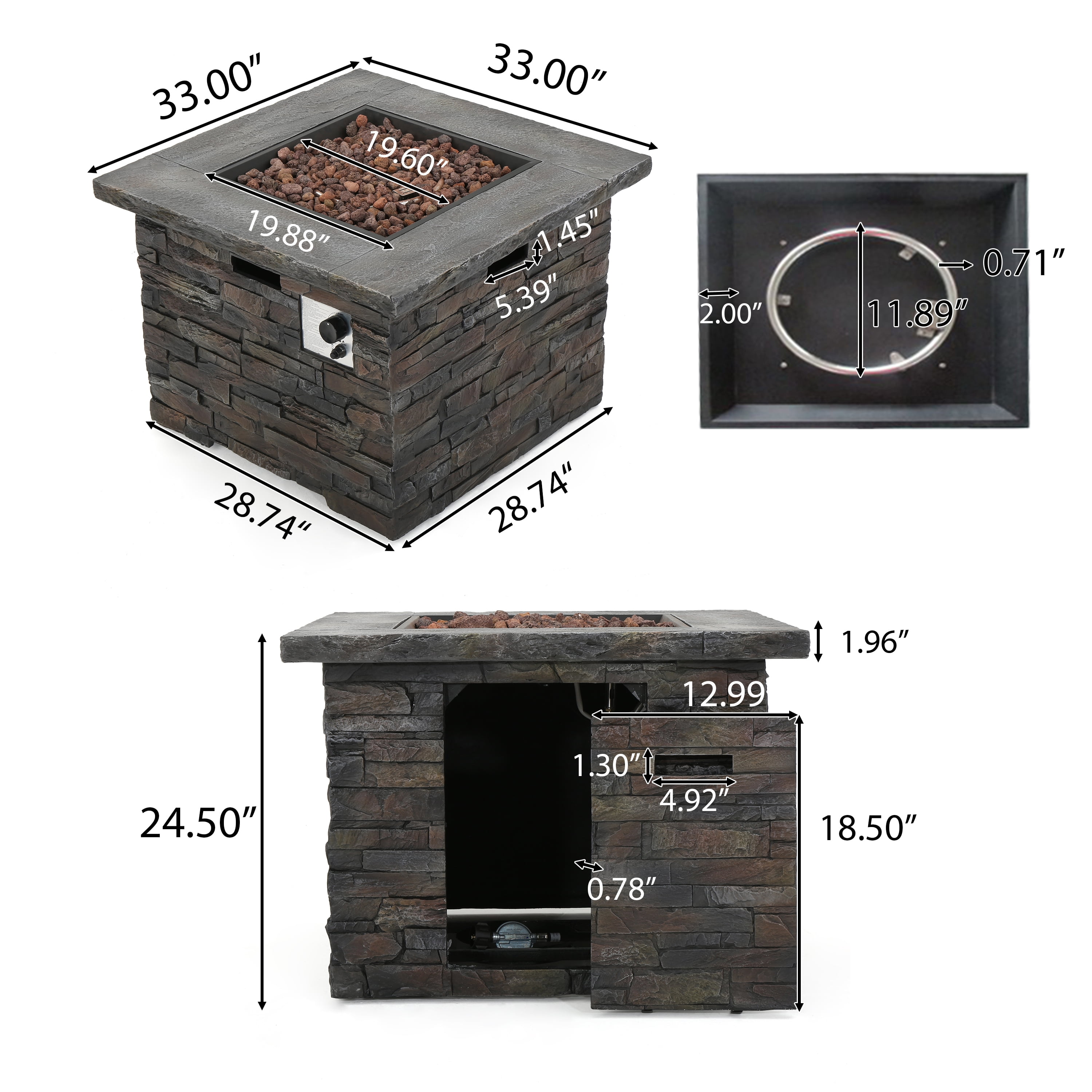 Loene Outdoor Square Fire Pit, Natural Stone Finish