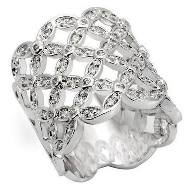 Rhodium Brass Ring with AAA Grade CZ, Clear - Size 8