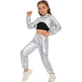 thumbnail image 2 of Hansber Kids Girls Modern Street Hip Hop Jazz Dance Outfits Long Sleeve Metallic Hoodie Crop Top and Pants Set Silver Black 10, 2 of 7