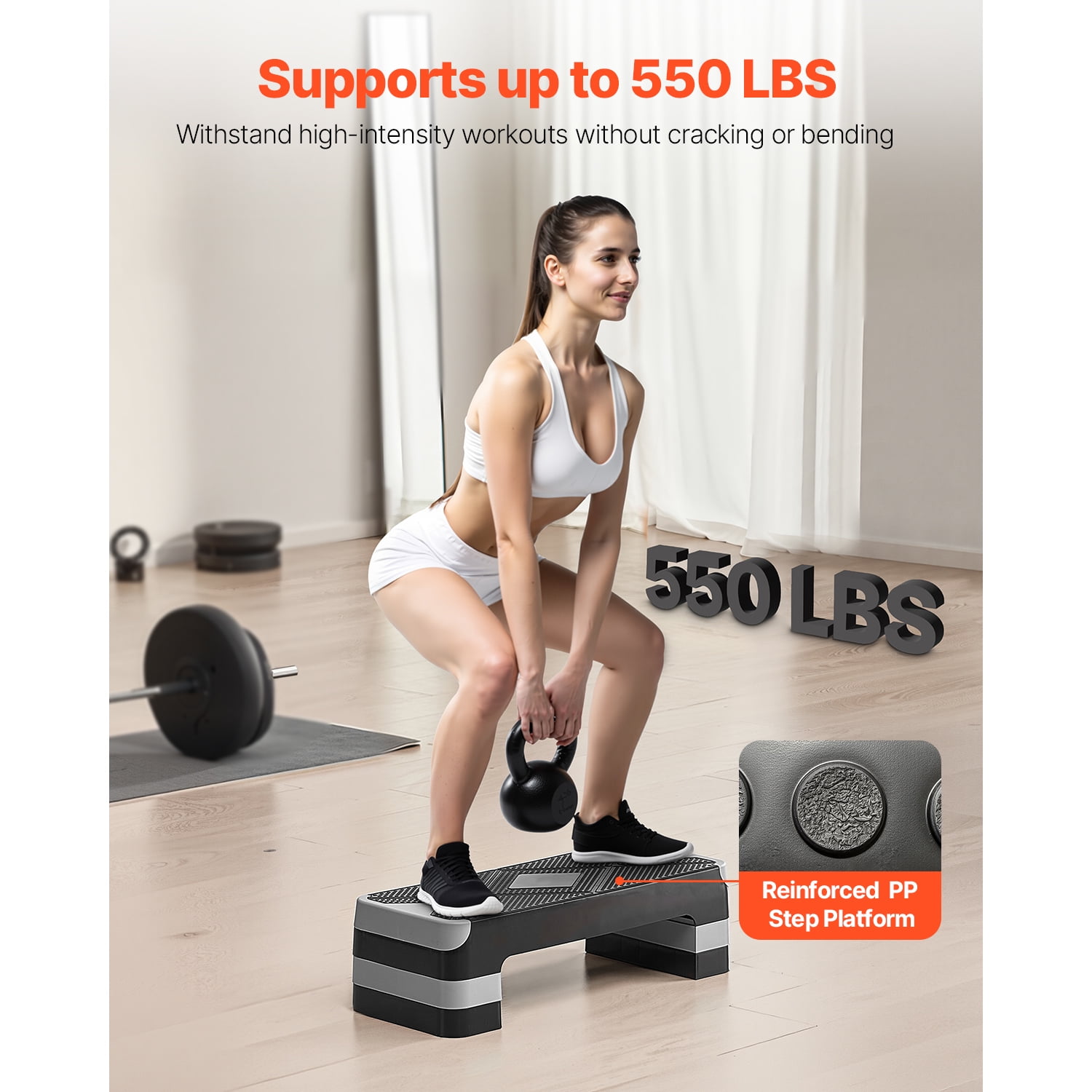 KFFKFF Aerobic Exercise Step Platform, 28-Inch Workout Stepper, Adjustable Height Fitness Training Deck with 4 Risers, Non-Slip Surface Bench for Cardio and Strength Workouts, Gray