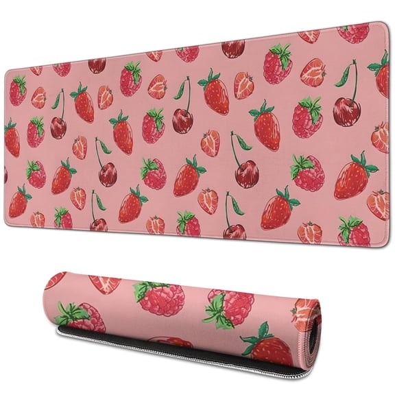 Keyboard Pad Red Mouse Mat, Gaming Mouse Pads Big Mouse Pad, Modern Desk Pad Waterproof Non-Slip Rubber Base, 31.5x11.8 inch for Work/Game/Office/Home Summer Fruits Strawberry Leaves