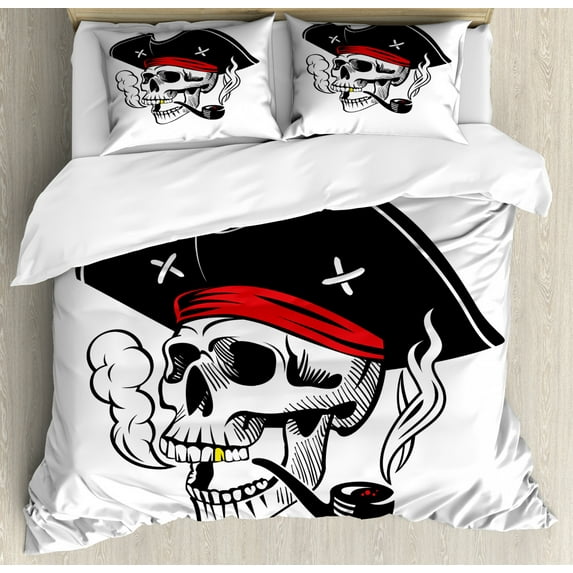 Skull Smoking Duvet Cover Set Queen Size, Skeleton Head Image Wearing a Pirate Head and Tobacco Pipe in Mouth, Decorative 3 Piece Bedding Set with 2 Pillow Shams, White Charcoal Grey, by Ambesonne