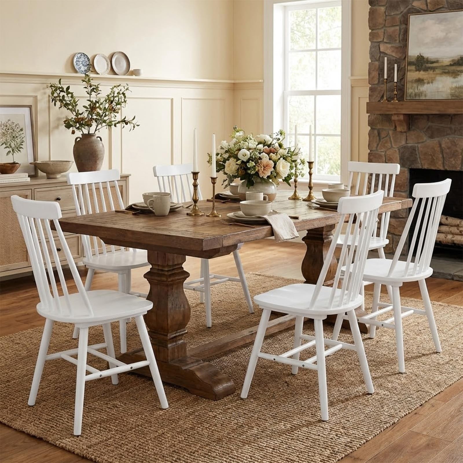 White Farmhouse Dining Chairs Set of 4, Mid Century Modern Spindle Back Wooden Dining Room Chairs for Kitchen & Living Room