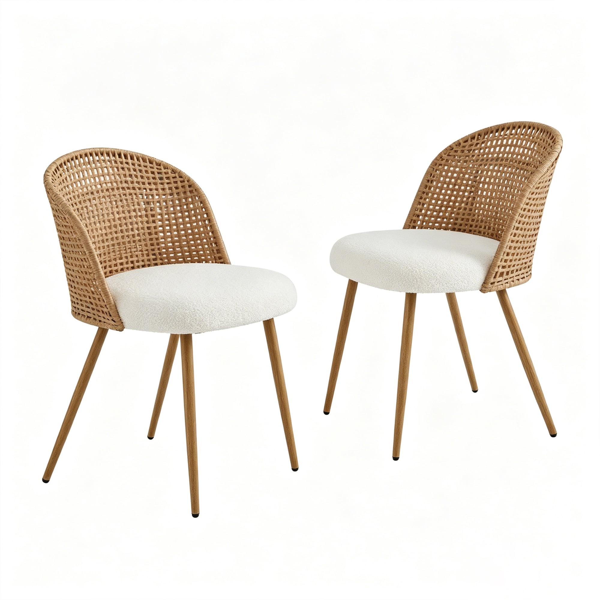 Leumius Set of 2 Wicker Dining Chairs, Farmhouse Soft Cushioned Cane Back Kitchen Chair, Sponge Cushion, Bohemian Style Dining Chair with Metal Legs for Home and Kitchen (Brown)