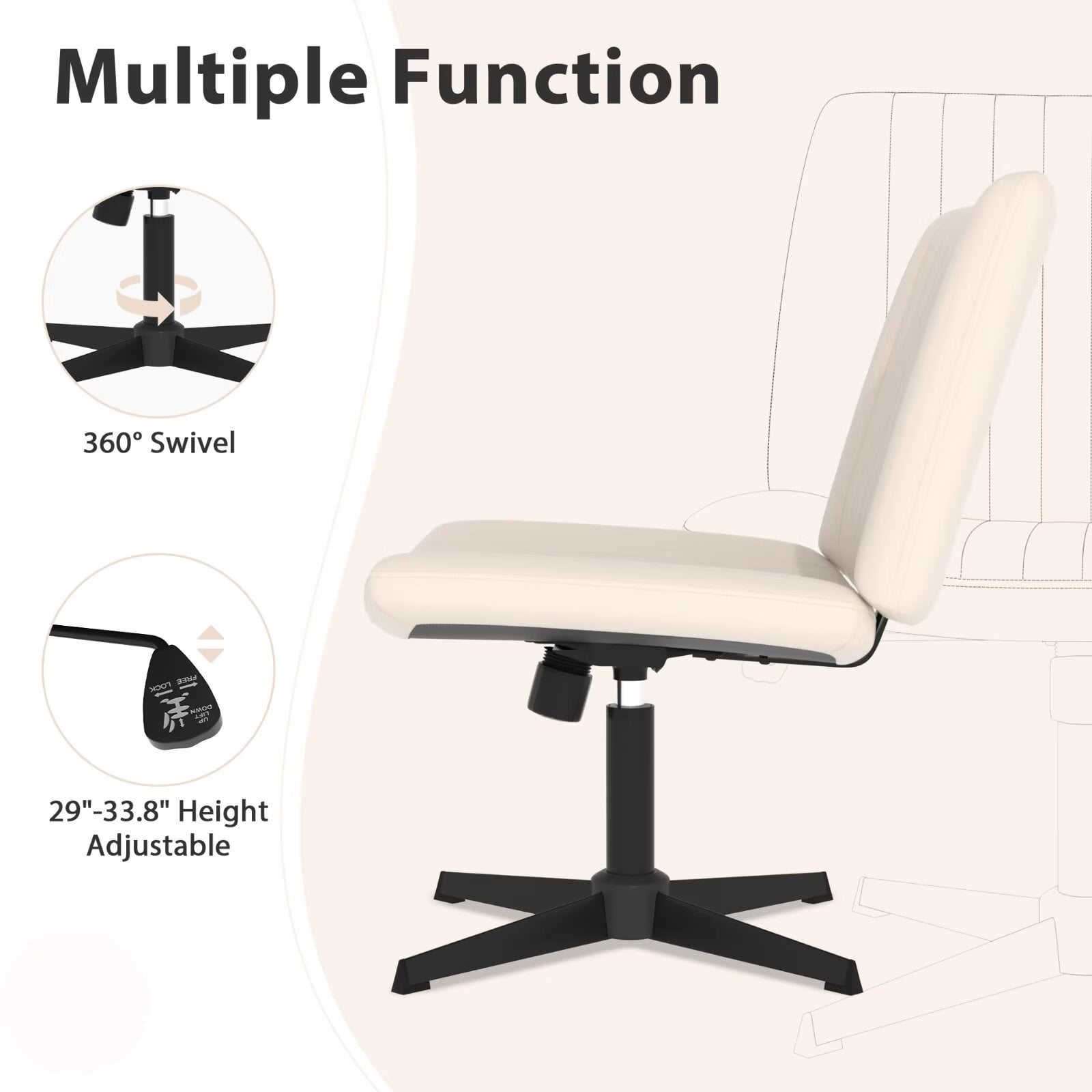 YRLLENSDAN Vanity Chair No Wheels Armless, Height Adjustable Criss Cross Office Chair with Back, Swivel Computer Chair Ergonomic with Wide Seat, Beige