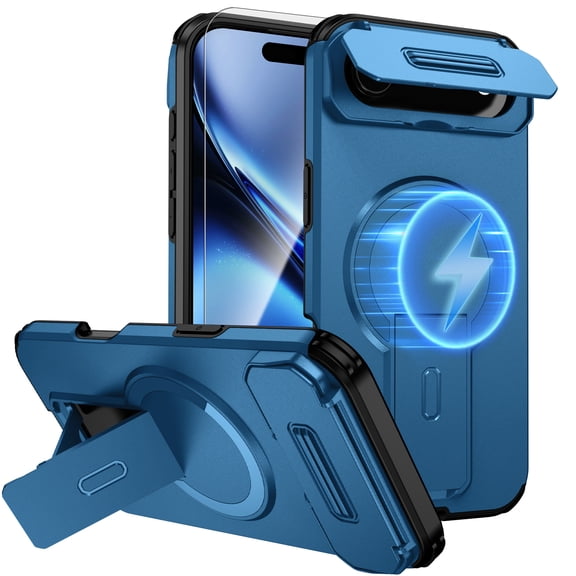 Dteck 2 In 1 for iPhone Air Case, Compatible with MagSafe, Invisible Kickstand HD Screen Protector, Heavy Duty Shockproof Magnetic Phone Cover with Camera Protection,Blue