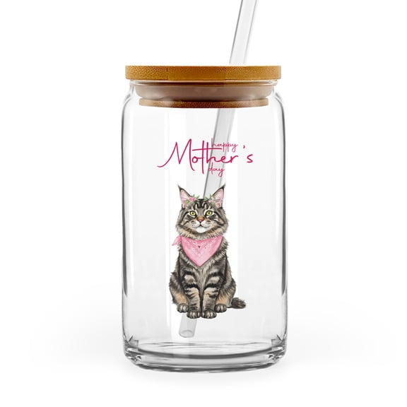 Happy Mother's Day Maine Coon Love Cat Mom Heart Flower 16oz Glass Cup Mug Cat Lover Kitten Owner Gifts Glass Can with Bamboo Lid and Straw - 12004