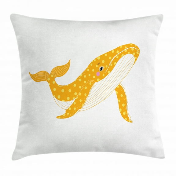 Whale Throw Pillow Cushion Cover, Big Cartoon Sea Animal Ocean Mammal Aquatic Wildlife Illustration, Decorative Square Accent Pillow Case, 18 X 18 Inches, Marigold Yellow and White, by Ambesonne