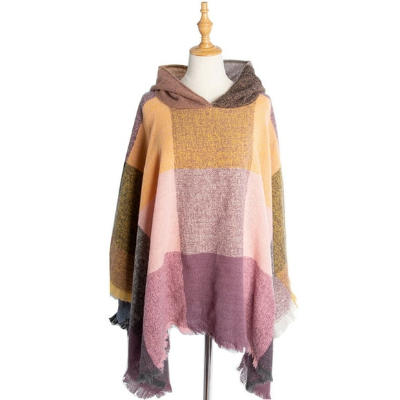 Coofit Women Poncho Plaid Hooded Classic Fashion Large Shawl Cape Hoodie Shawl with Hat