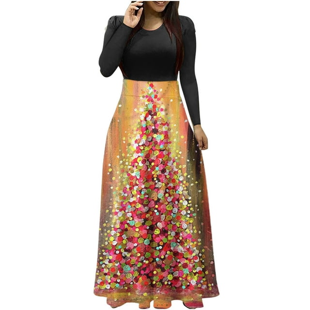 Vestido largo de manga larga con cuello redondo y estampado de árbol de Navidad para mujer Pompotops hdfakjf5556