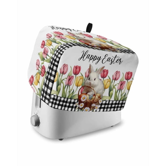Tulip Easter Small Toaster Cover 2 Slice, Kitchen Appliance Covers, Bunny Spring Floral Pastoral Plaid Toaster Oven Cover with Loop, Bread Machine Cover Polyester Dust Cover Protection