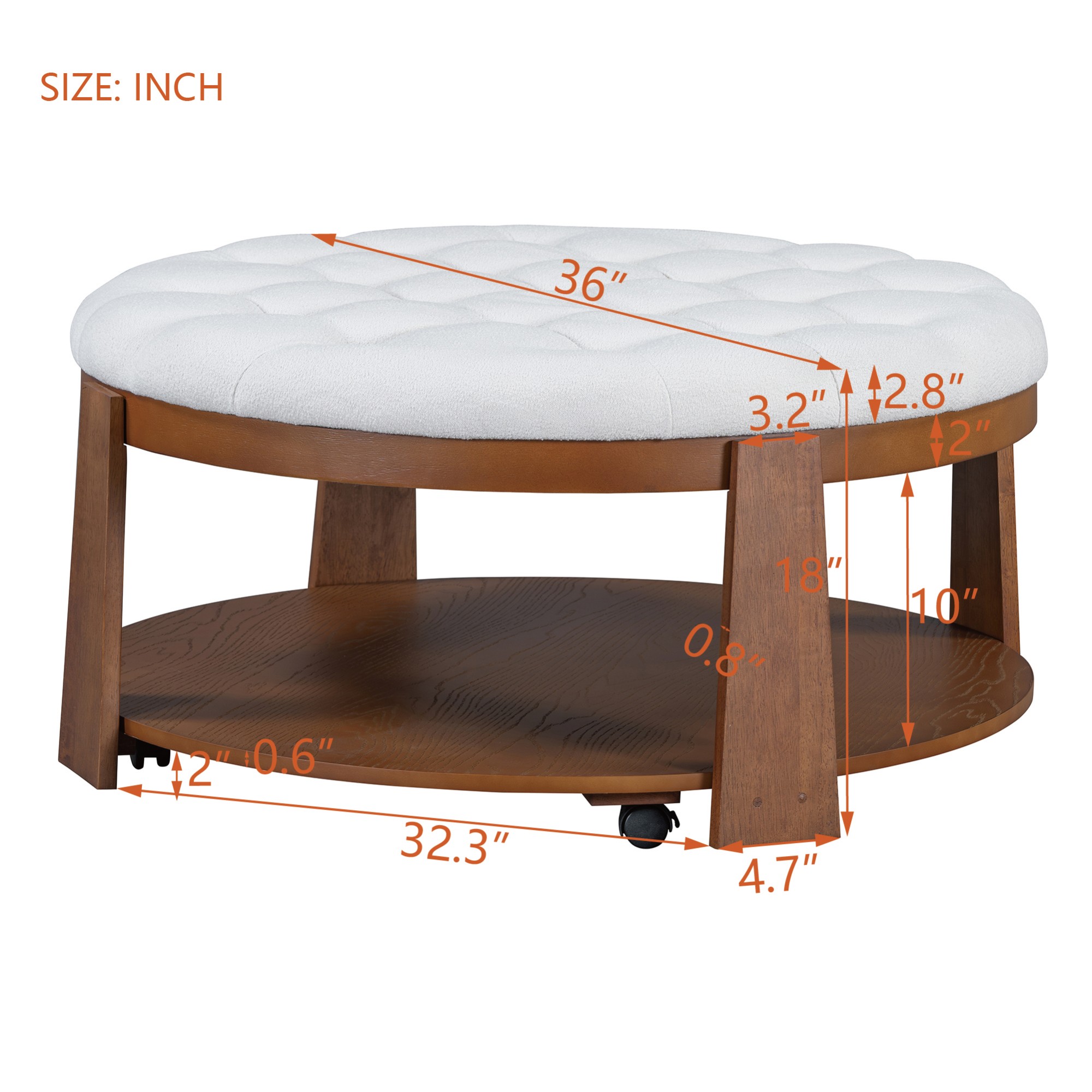 Leumius Coffee Table,2-Tier Round Oversized Button Tufted Ottoman with Wood Shelf Storage for Living Room,Ivory White