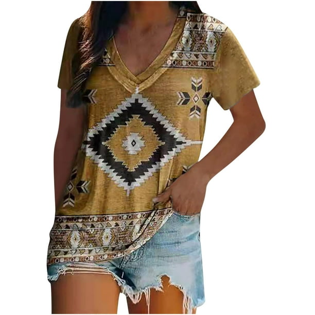 Camiseta casual para mujer Retro Folk-custom Impreso con cuello en V Manga corta Jersey Blusa Tops Fridja bn4747