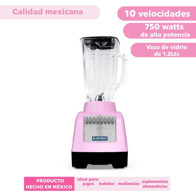 Licuadora Bartech 750W 10 Velocidades con Vaso de Vidrio 1.2L Alta Resistencia Rosa