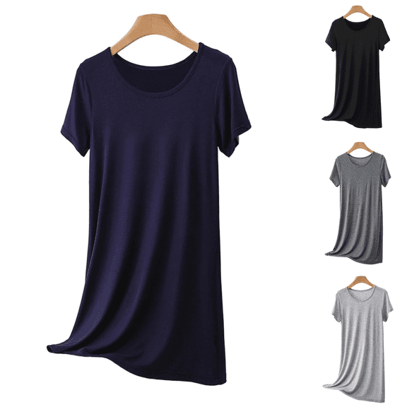 Yuanlook Women's Short Sleeve Nightgown, U-Neck Loose Soft Midi Sleep Dress Casual Loungewear M-XL
